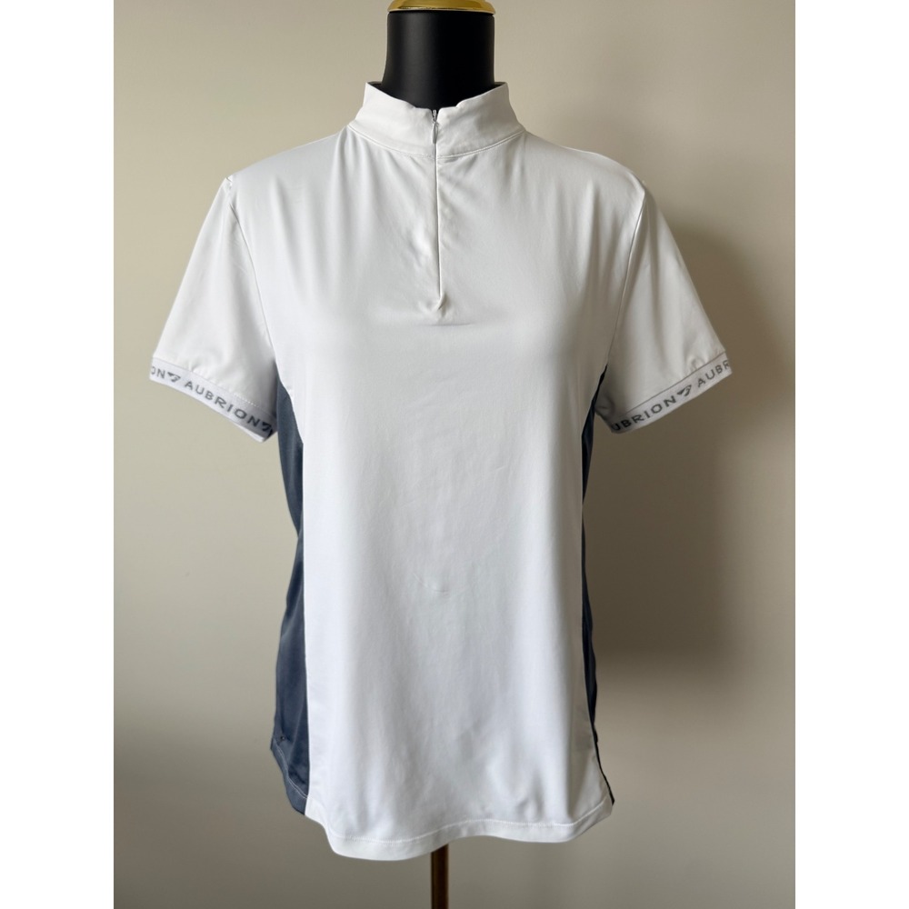 Aubrion Women White Gray Mesh Quarter Zip Equestrian Show Shirt XXL Short Sleeve